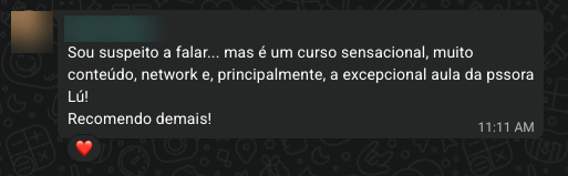 Mensagem de aluno no grupo: curso sensacional, muito conteúdo, network e a excepcional aula da professora Lu, recomendo demais